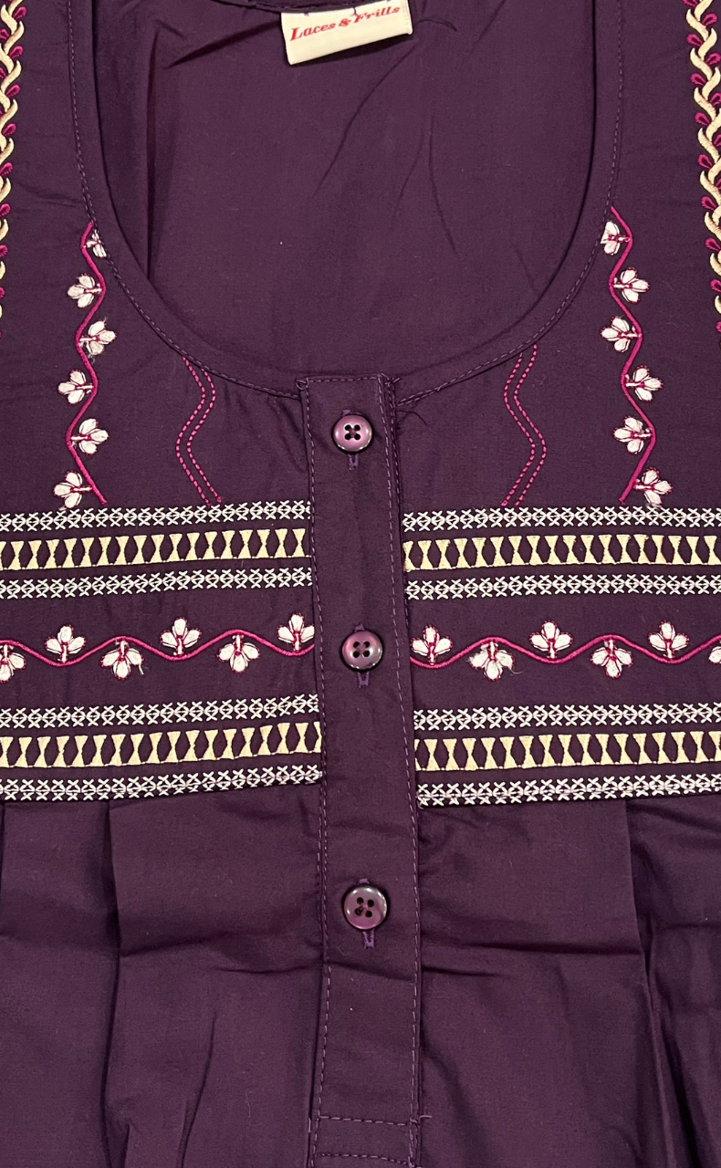 Violet Embroidery Soft Cotton Nighty. Soft Breathable Fabric | Laces and Frills