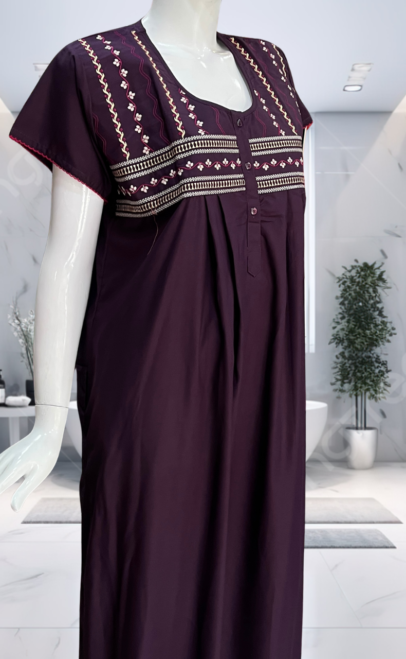 Violet Embroidery Soft Cotton Nighty. Soft Breathable Fabric | Laces and Frills