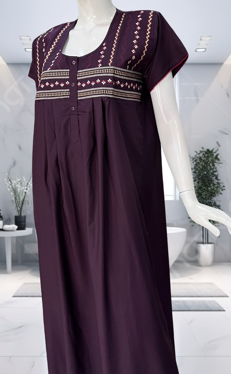 Violet Embroidery Soft Cotton Nighty. Soft Breathable Fabric | Laces and Frills