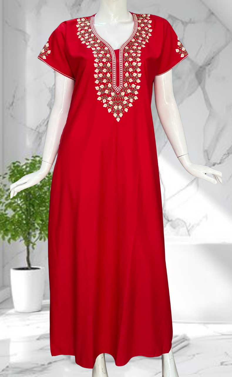 Red Embroidery Soft Cotton Nighty. Soft Breathable Fabric | Laces and Frills