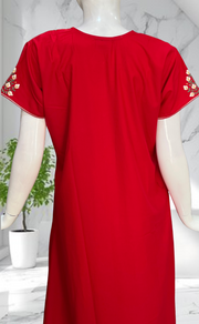 Red Embroidery Soft Cotton Nighty. Soft Breathable Fabric | Laces and Frills