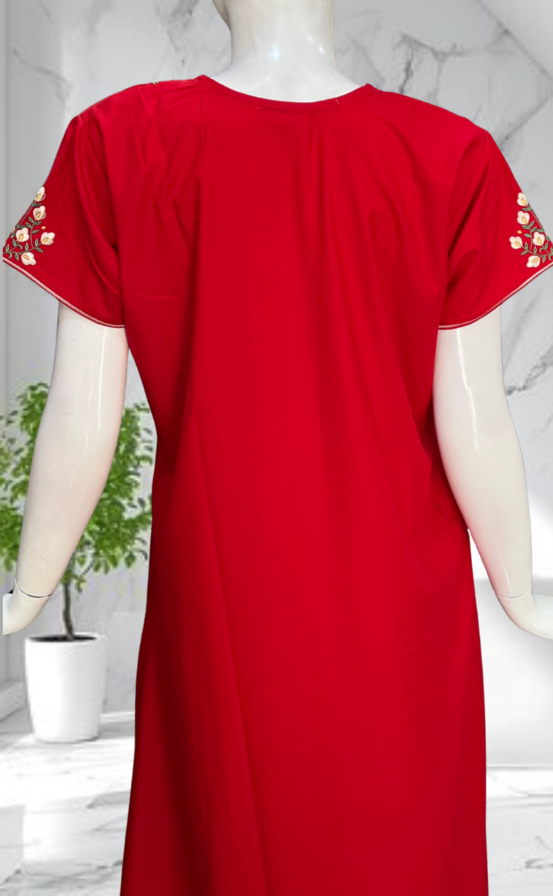 Red Embroidery Soft Cotton Nighty. Soft Breathable Fabric | Laces and Frills