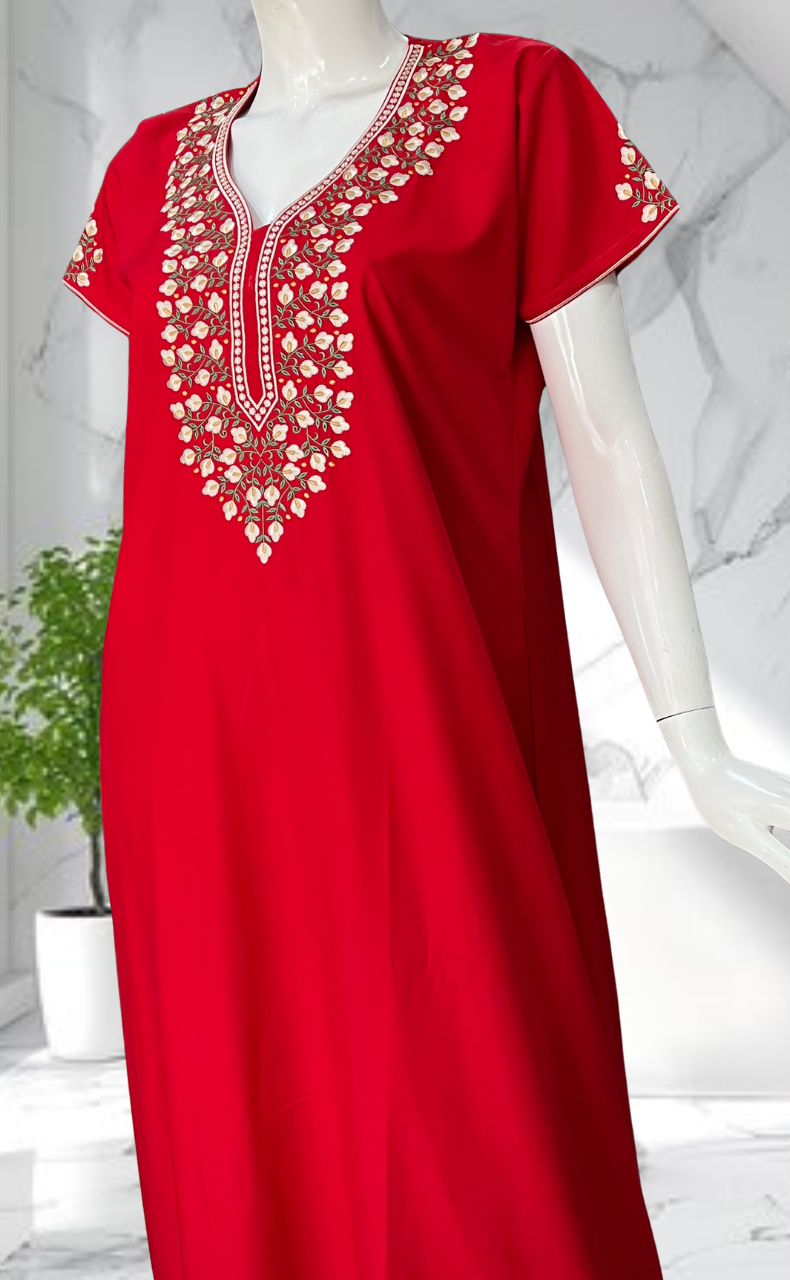 Red Embroidery Soft Cotton Nighty. Soft Breathable Fabric | Laces and Frills