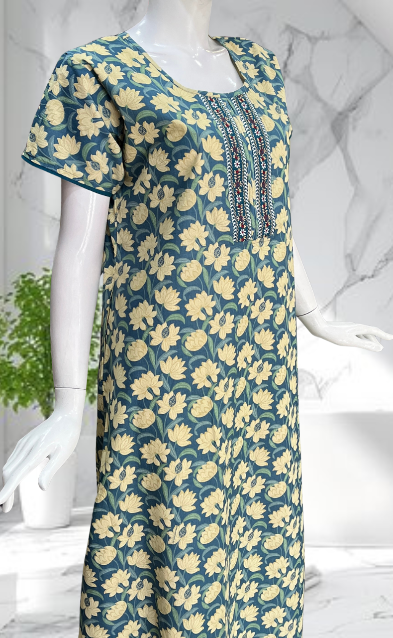 Blue Floral Pure Cotton Nighty. Pure Durable Cotton | Laces and Frills