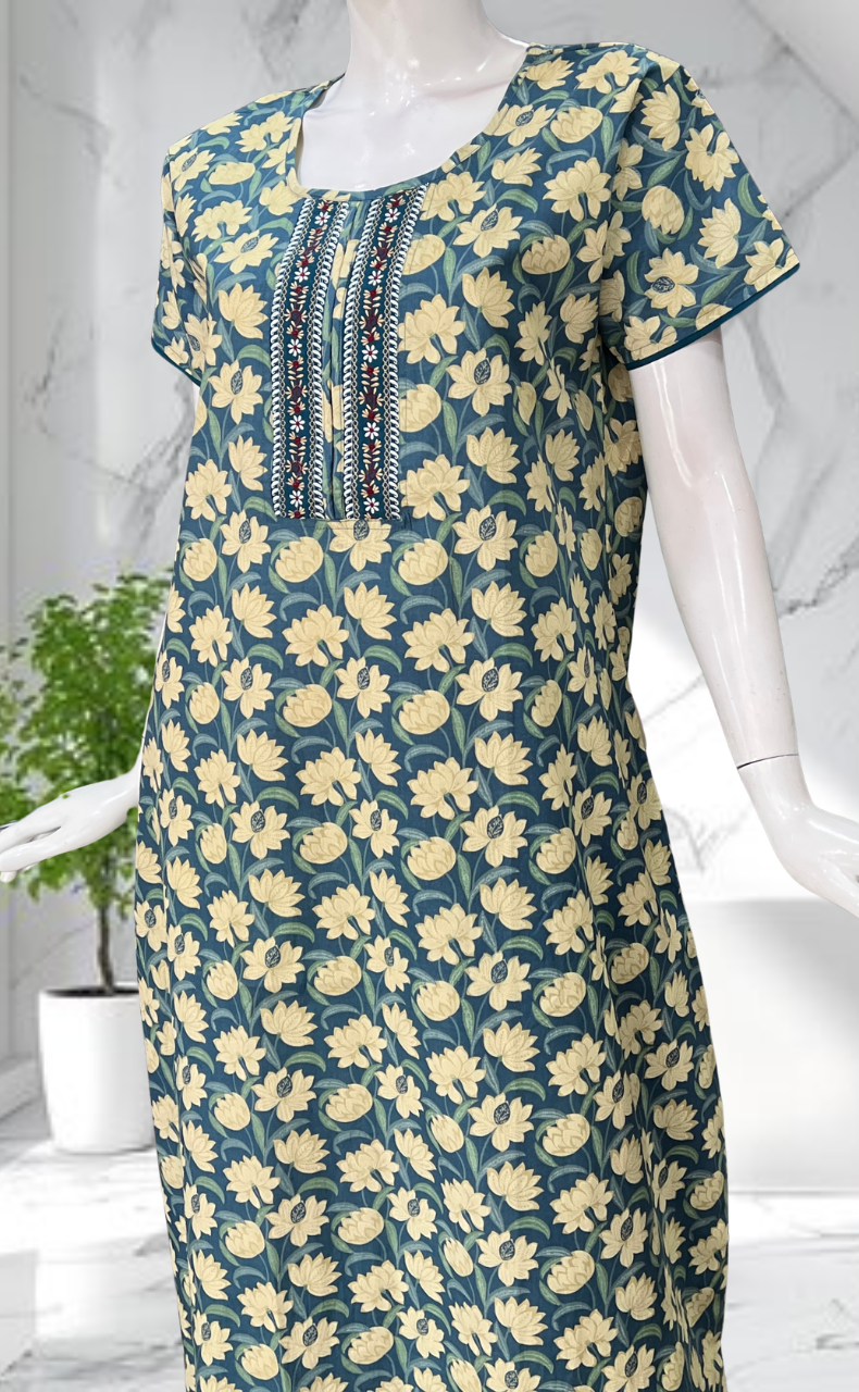 Blue Floral Pure Cotton Nighty. Pure Durable Cotton | Laces and Frills
