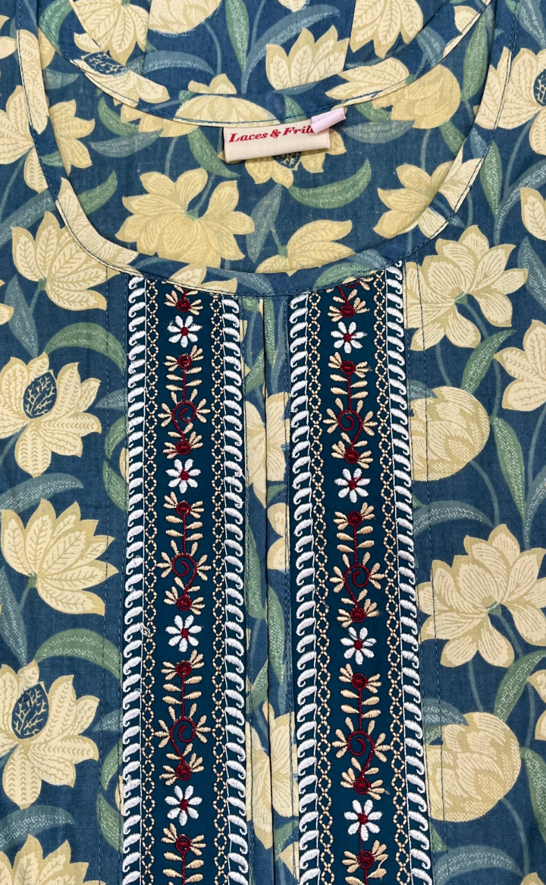 Blue Floral Pure Cotton Nighty. Pure Durable Cotton | Laces and Frills