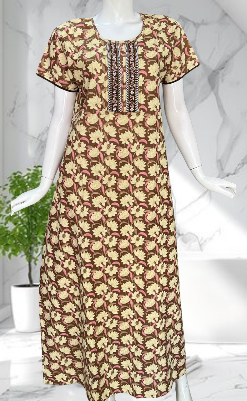 Brown Floral Pure Cotton Nighty. Pure Durable Cotton | Laces and Frills - Laces and Frills