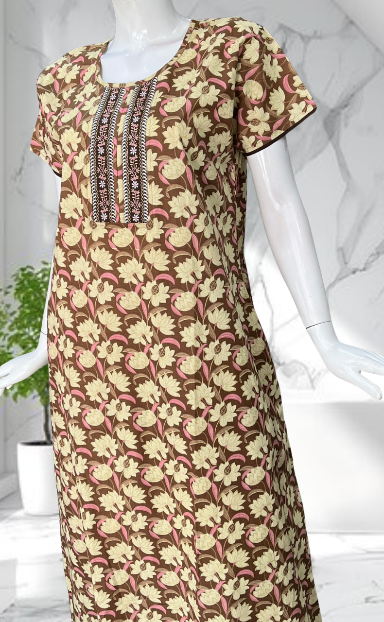 Brown Floral Pure Cotton Nighty. Pure Durable Cotton | Laces and Frills - Laces and Frills