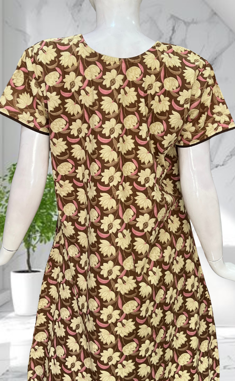 Brown Floral Pure Cotton Nighty. Pure Durable Cotton | Laces and Frills - Laces and Frills