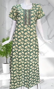 Pista Green Floral Pure Cotton Nighty. Pure Durable Cotton | Laces and Frills
