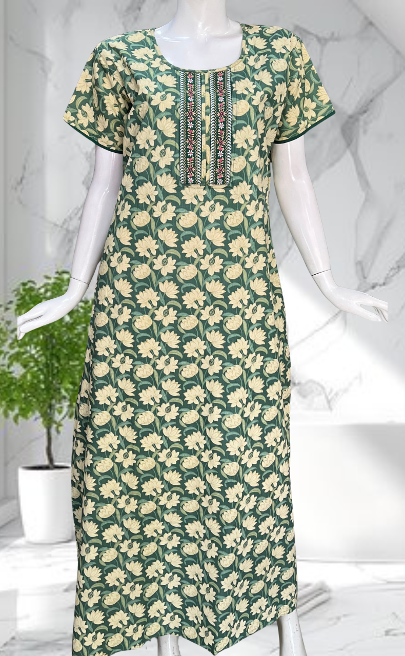 Pista Green Floral Pure Cotton Nighty. Pure Durable Cotton | Laces and Frills