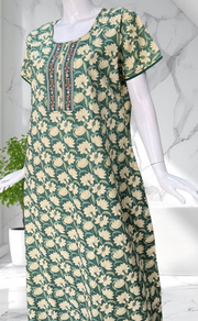 Pista Green Floral Pure Cotton Nighty. Pure Durable Cotton | Laces and Frills