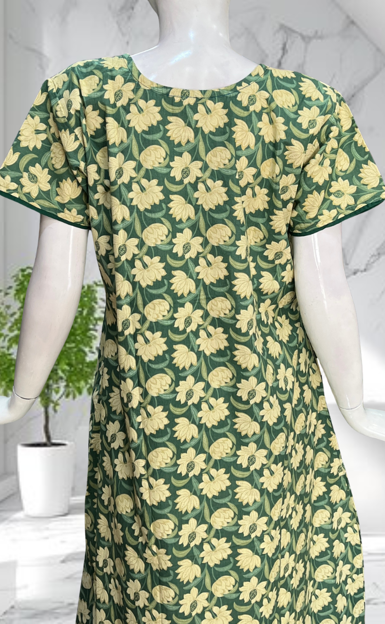 Pista Green Floral Pure Cotton Nighty. Pure Durable Cotton | Laces and Frills