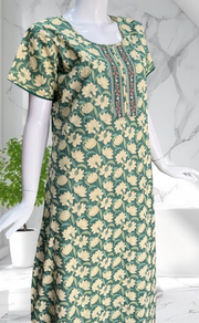 Pista Green Floral Pure Cotton Nighty. Pure Durable Cotton | Laces and Frills