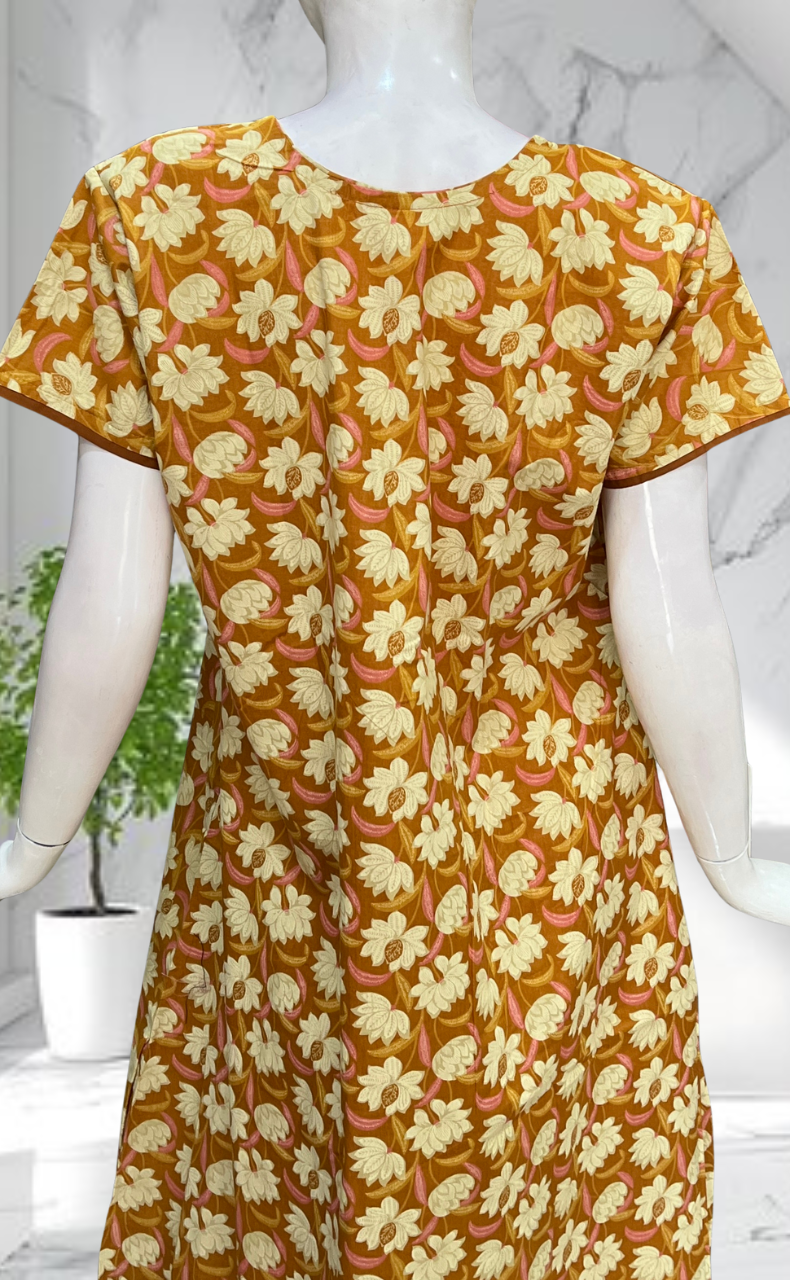 Yellow Floral Pure Cotton Nighty. Pure Durable Cotton | Laces and Frills