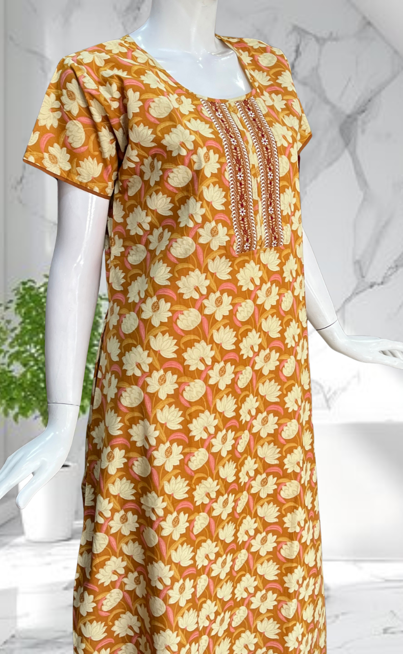 Yellow Floral Pure Cotton Nighty. Pure Durable Cotton | Laces and Frills