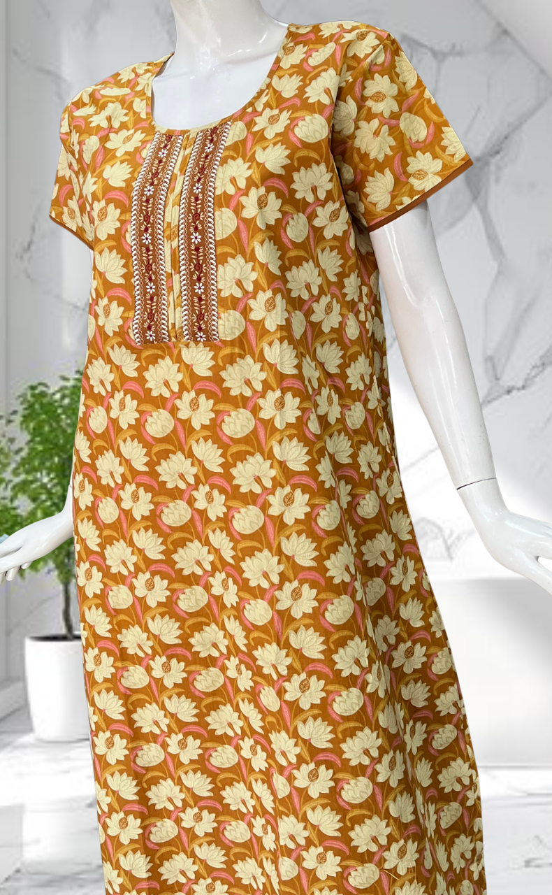 Yellow Floral Pure Cotton Nighty. Pure Durable Cotton | Laces and Frills