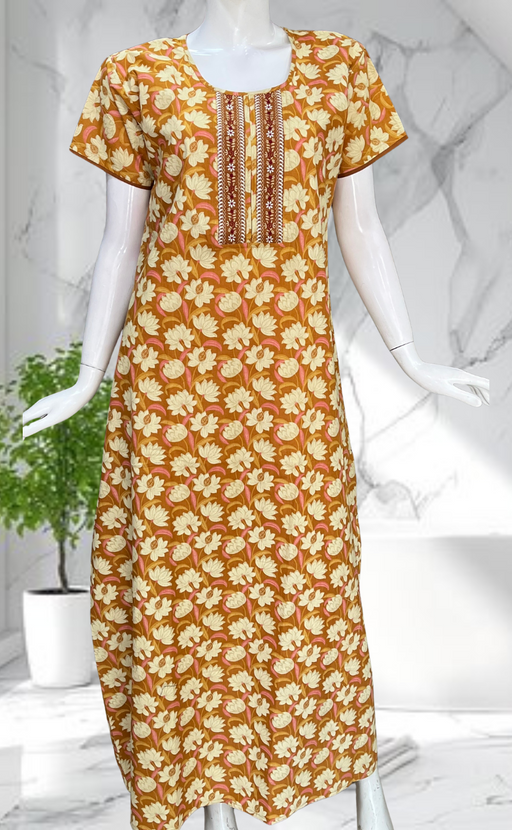 Yellow Floral Pure Cotton Nighty. Pure Durable Cotton | Laces and Frills