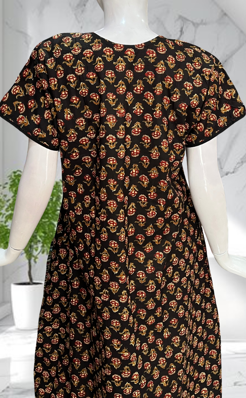 Black Kalamkari Pure Cotton Nighty. Pure Durable Cotton | Laces and Frills