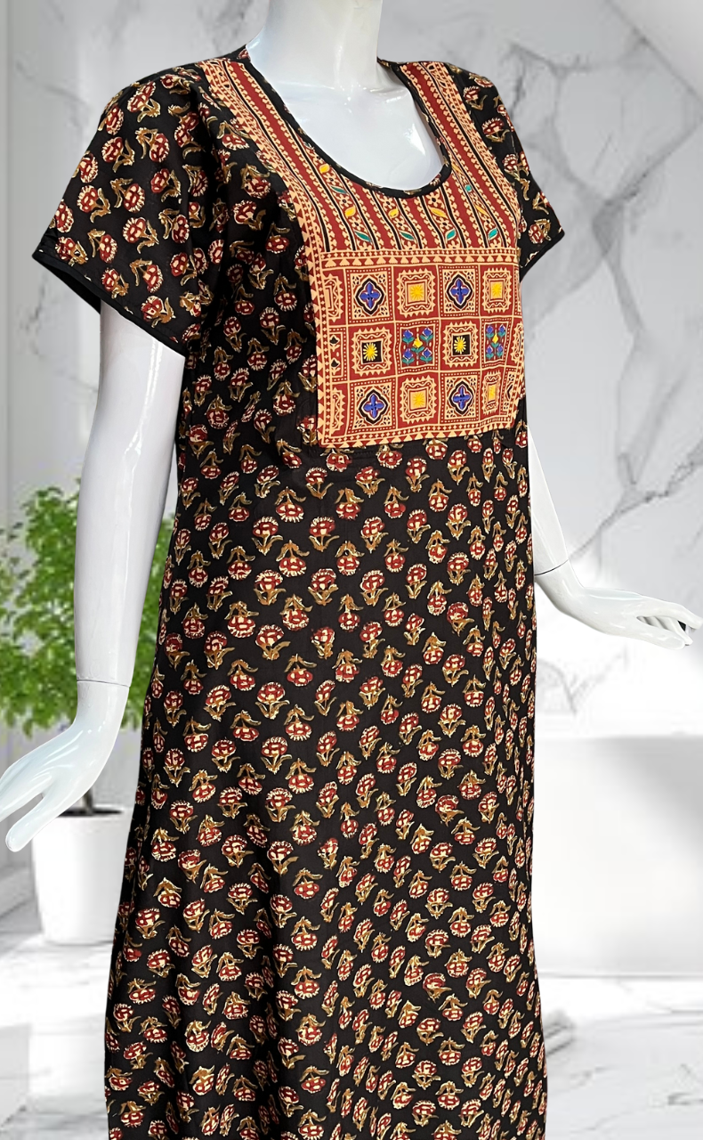 Black Kalamkari Pure Cotton Nighty. Pure Durable Cotton | Laces and Frills