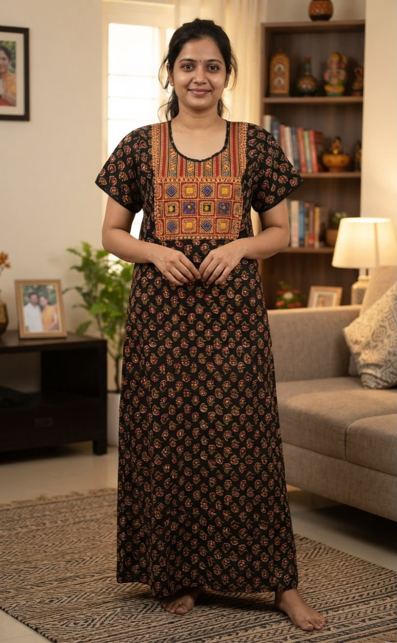 Black Kalamkari Pure Cotton Nighty. Pure Durable Cotton | Laces and Frills