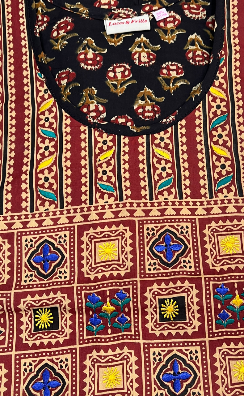 Black Kalamkari Pure Cotton Nighty. Pure Durable Cotton | Laces and Frills