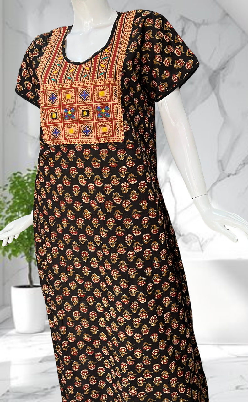 Black Kalamkari Pure Cotton Nighty. Pure Durable Cotton | Laces and Frills