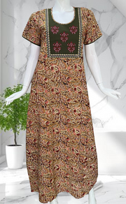 Olive Green/Yellow Kalamkari Pure Cotton Nighty. Pure Durable Cotton | Laces and Frills