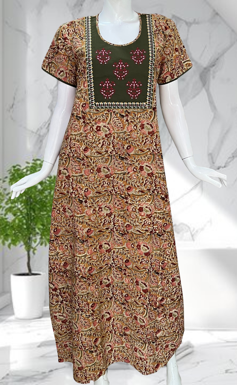 Olive Green/Yellow Kalamkari Pure Cotton Nighty. Pure Durable Cotton | Laces and Frills