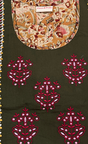 Olive Green/Yellow Kalamkari Pure Cotton Nighty. Pure Durable Cotton | Laces and Frills