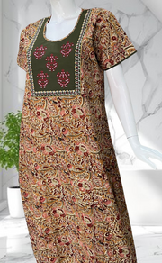 Olive Green/Yellow Kalamkari Pure Cotton Nighty. Pure Durable Cotton | Laces and Frills