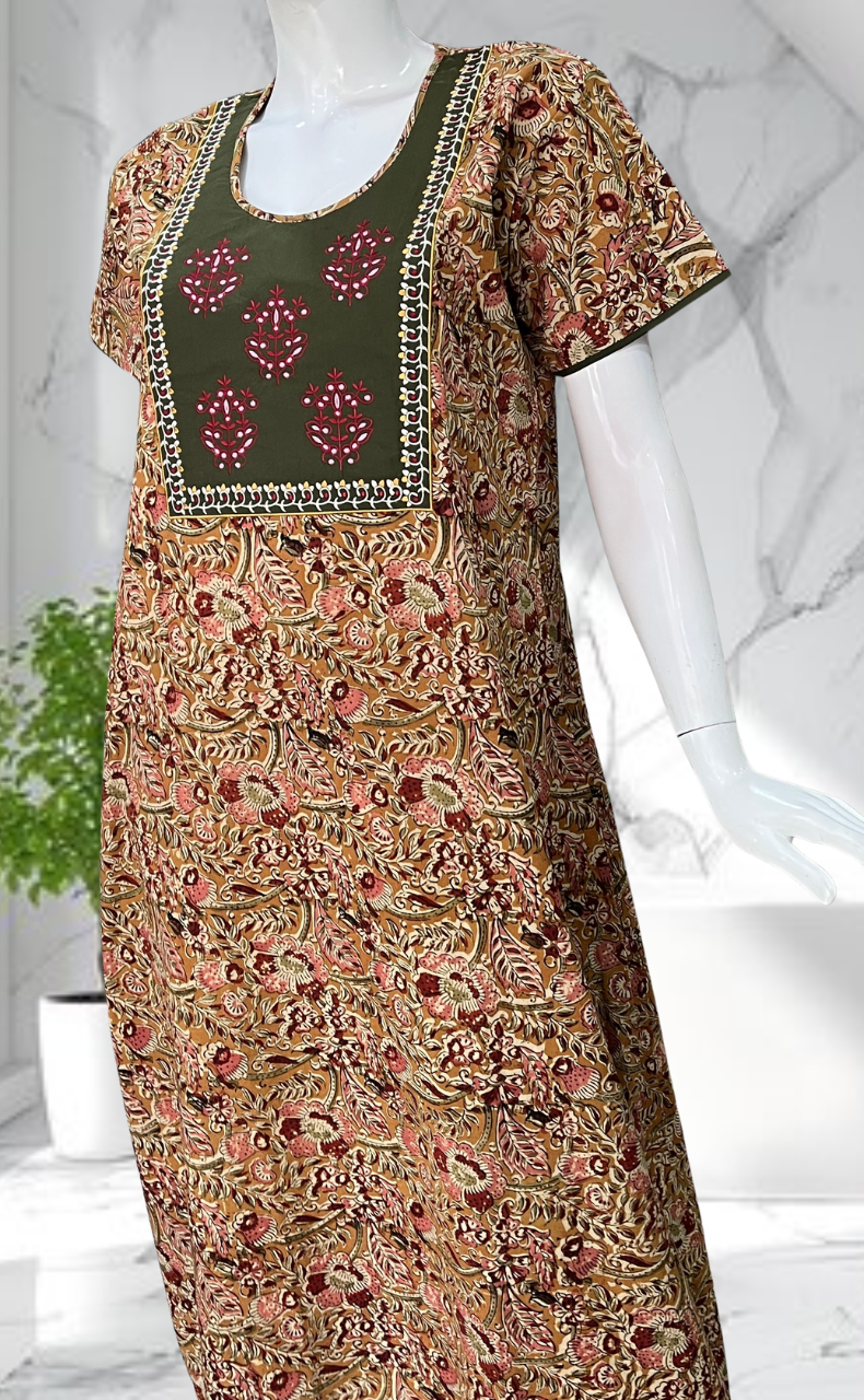 Olive Green/Yellow Kalamkari Pure Cotton Nighty. Pure Durable Cotton | Laces and Frills