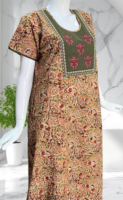 Olive Green/Yellow Kalamkari Pure Cotton Nighty. Pure Durable Cotton | Laces and Frills
