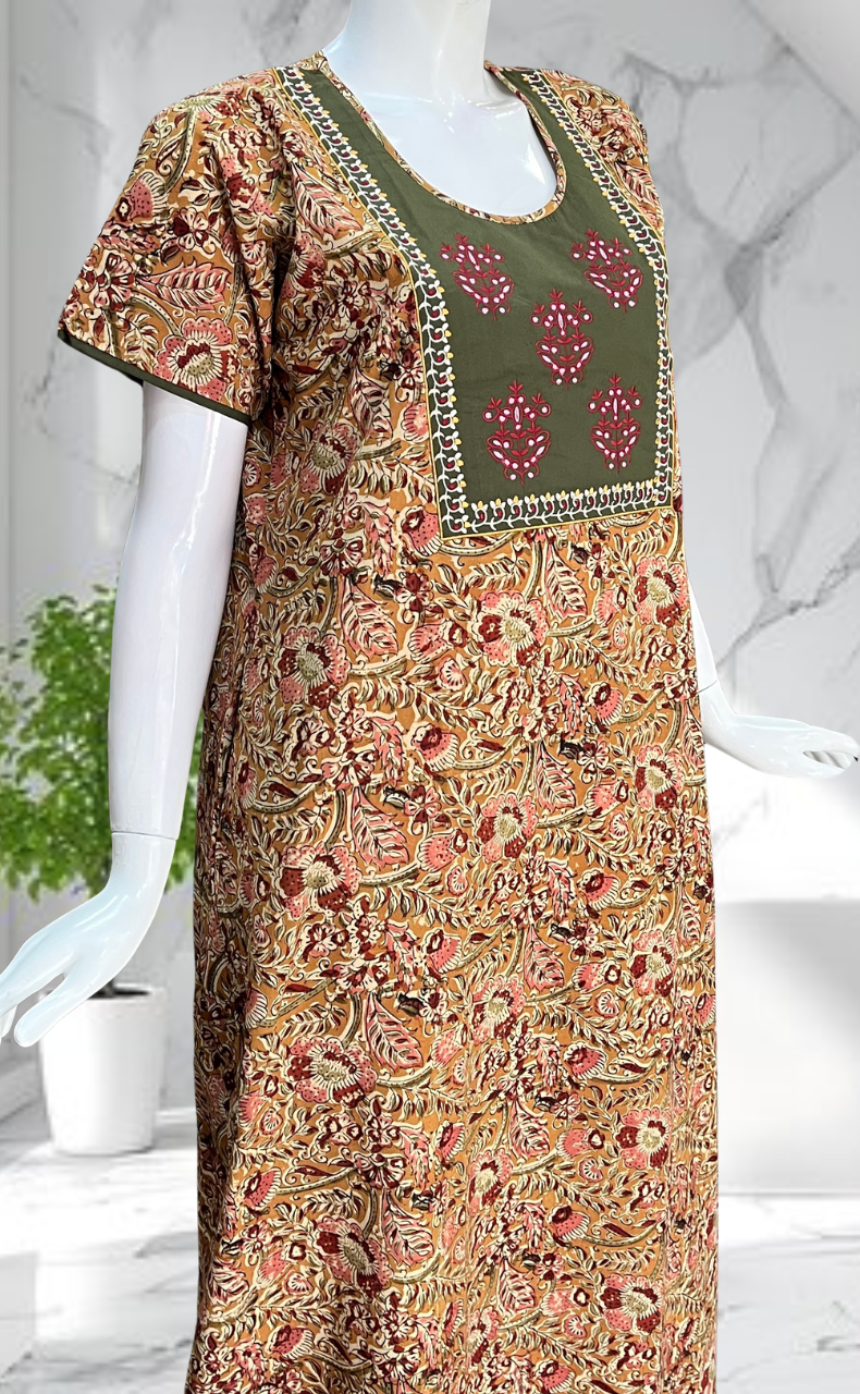 Olive Green/Yellow Kalamkari Pure Cotton Nighty. Pure Durable Cotton | Laces and Frills