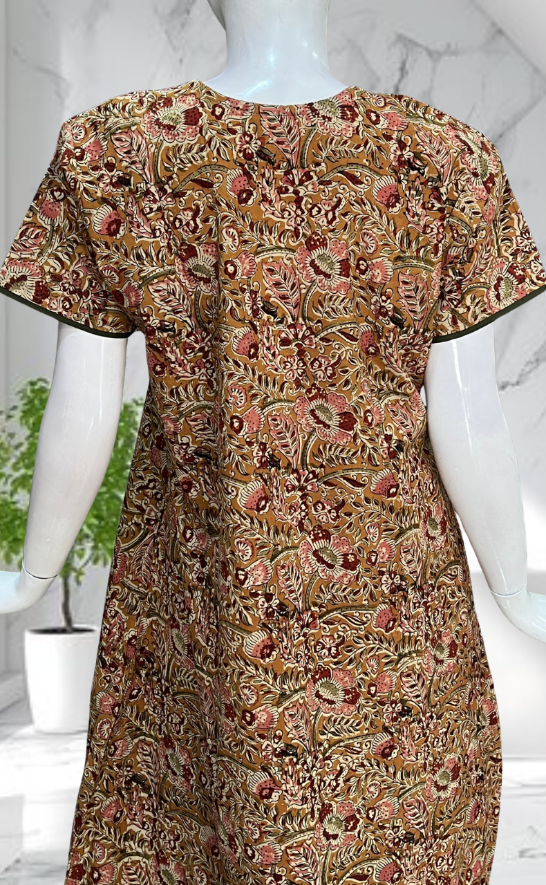 Olive Green/Yellow Kalamkari Pure Cotton Nighty. Pure Durable Cotton | Laces and Frills