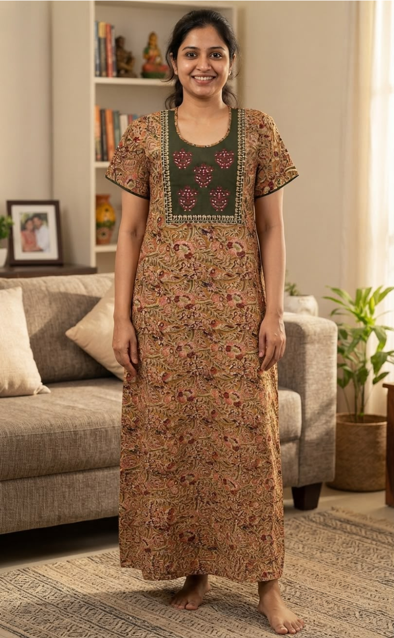 Olive Green/Yellow Kalamkari Pure Cotton Nighty. Pure Durable Cotton | Laces and Frills