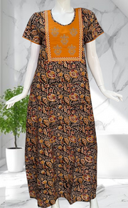 Mustard/Black Kalamkari Pure Cotton Nighty. Pure Durable Cotton | Laces and Frills