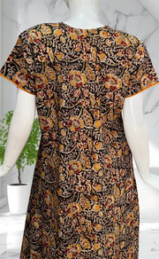 Mustard/Black Kalamkari Pure Cotton Nighty. Pure Durable Cotton | Laces and Frills