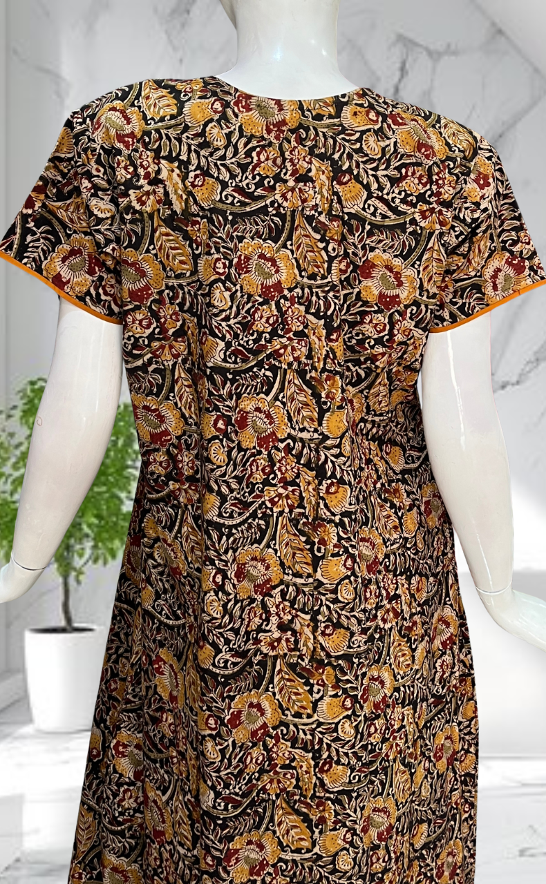 Mustard/Black Kalamkari Pure Cotton Nighty. Pure Durable Cotton | Laces and Frills