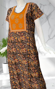 Mustard/Black Kalamkari Pure Cotton Nighty. Pure Durable Cotton | Laces and Frills