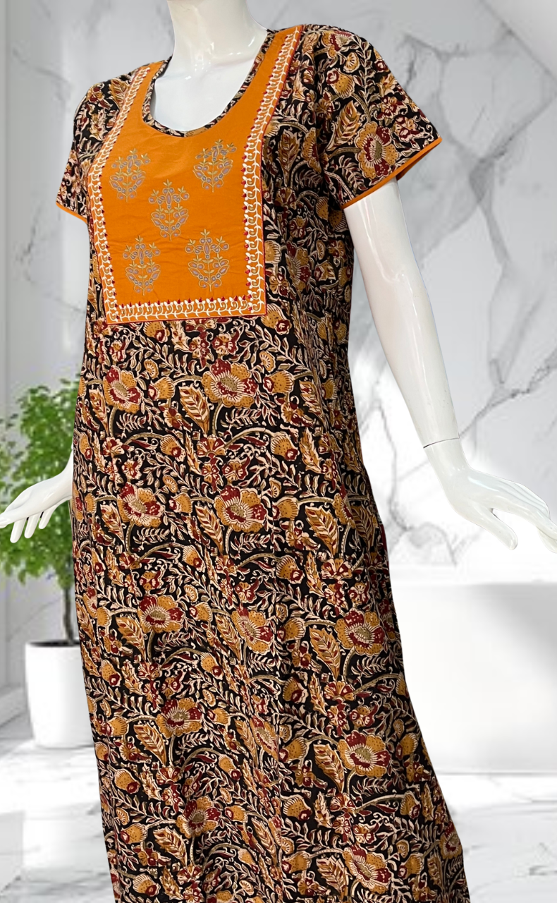 Mustard/Black Kalamkari Pure Cotton Nighty. Pure Durable Cotton | Laces and Frills