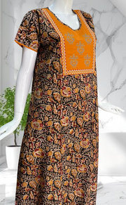 Mustard/Black Kalamkari Pure Cotton Nighty. Pure Durable Cotton | Laces and Frills
