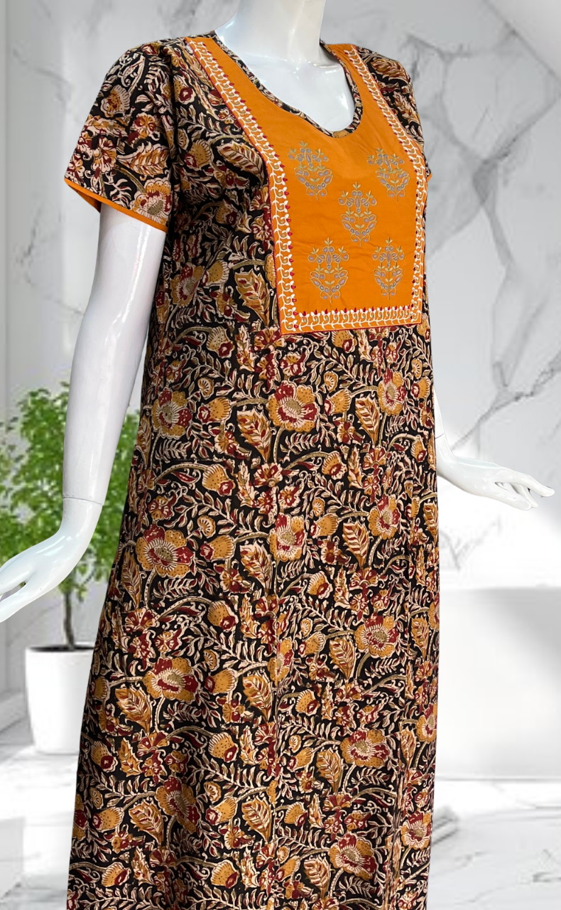 Mustard/Black Kalamkari Pure Cotton Nighty. Pure Durable Cotton | Laces and Frills