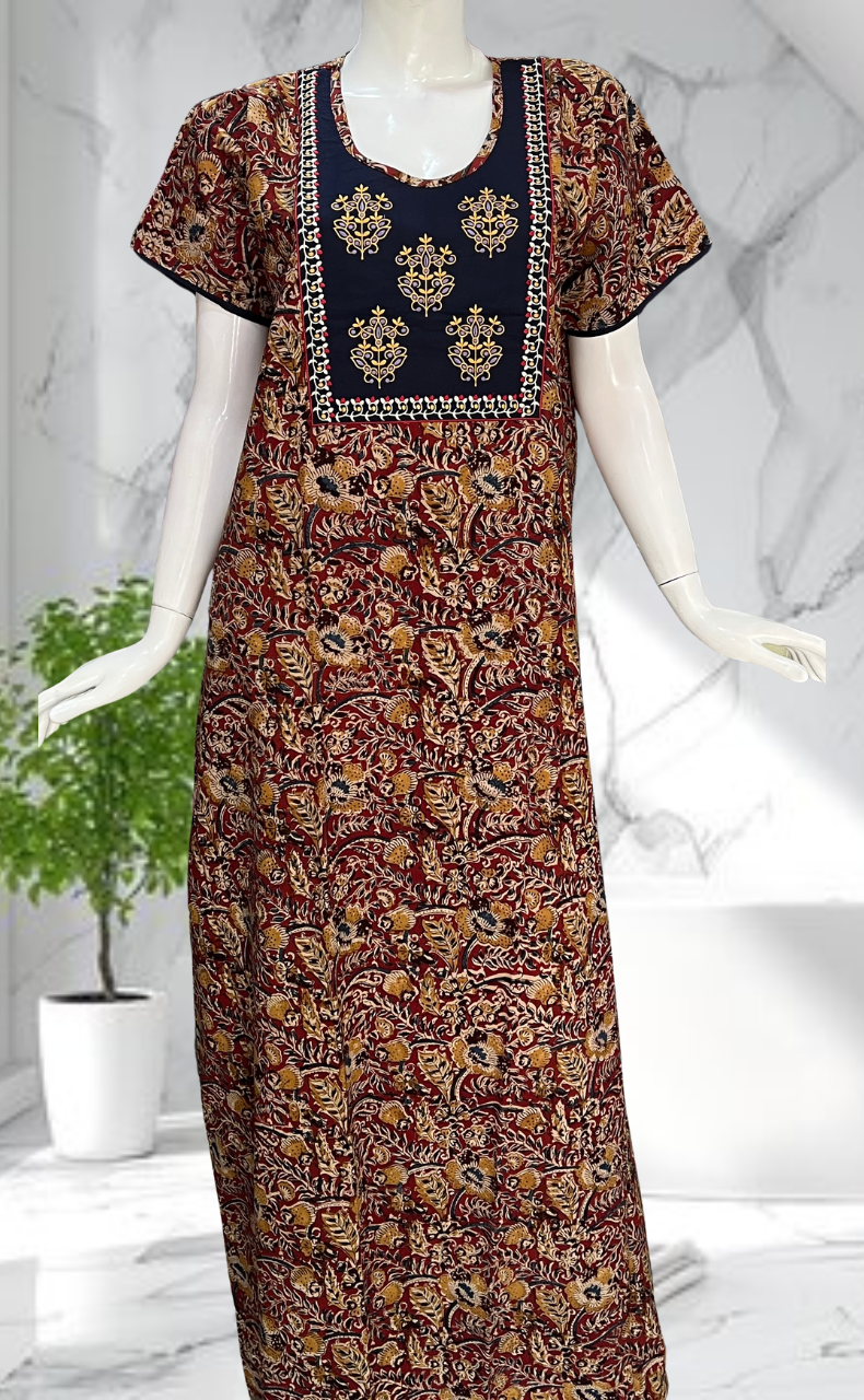 Blue/Maroon Kalamkari Pure Cotton Nighty. Pure Durable Cotton | Laces and Frills
