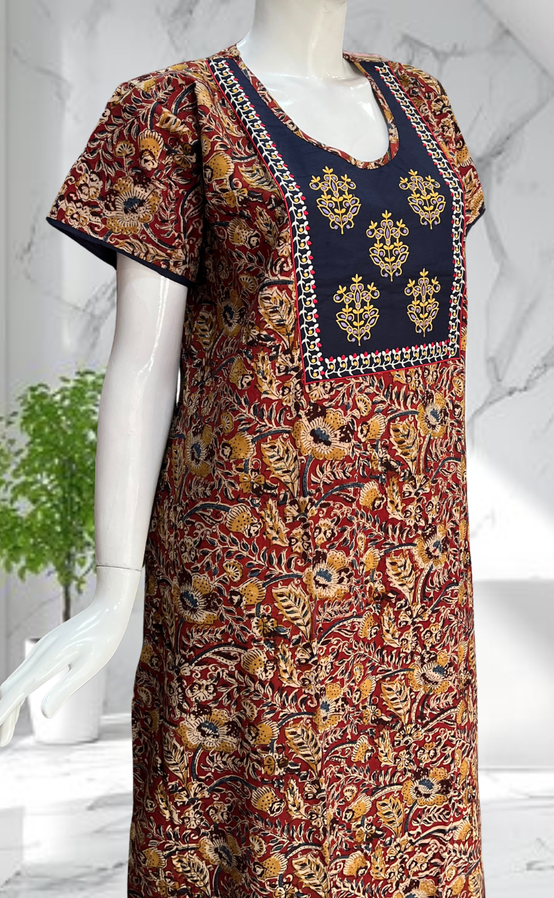 Blue/Maroon Kalamkari Pure Cotton Nighty. Pure Durable Cotton | Laces and Frills