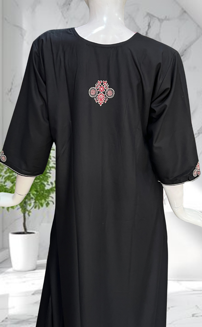 Black Embroidery Soft Cotton Long Sleeves Nighty. Soft Breathable Fabric | Laces and Frills