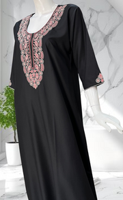 Black Embroidery Soft Cotton Long Sleeves Nighty. Soft Breathable Fabric | Laces and Frills