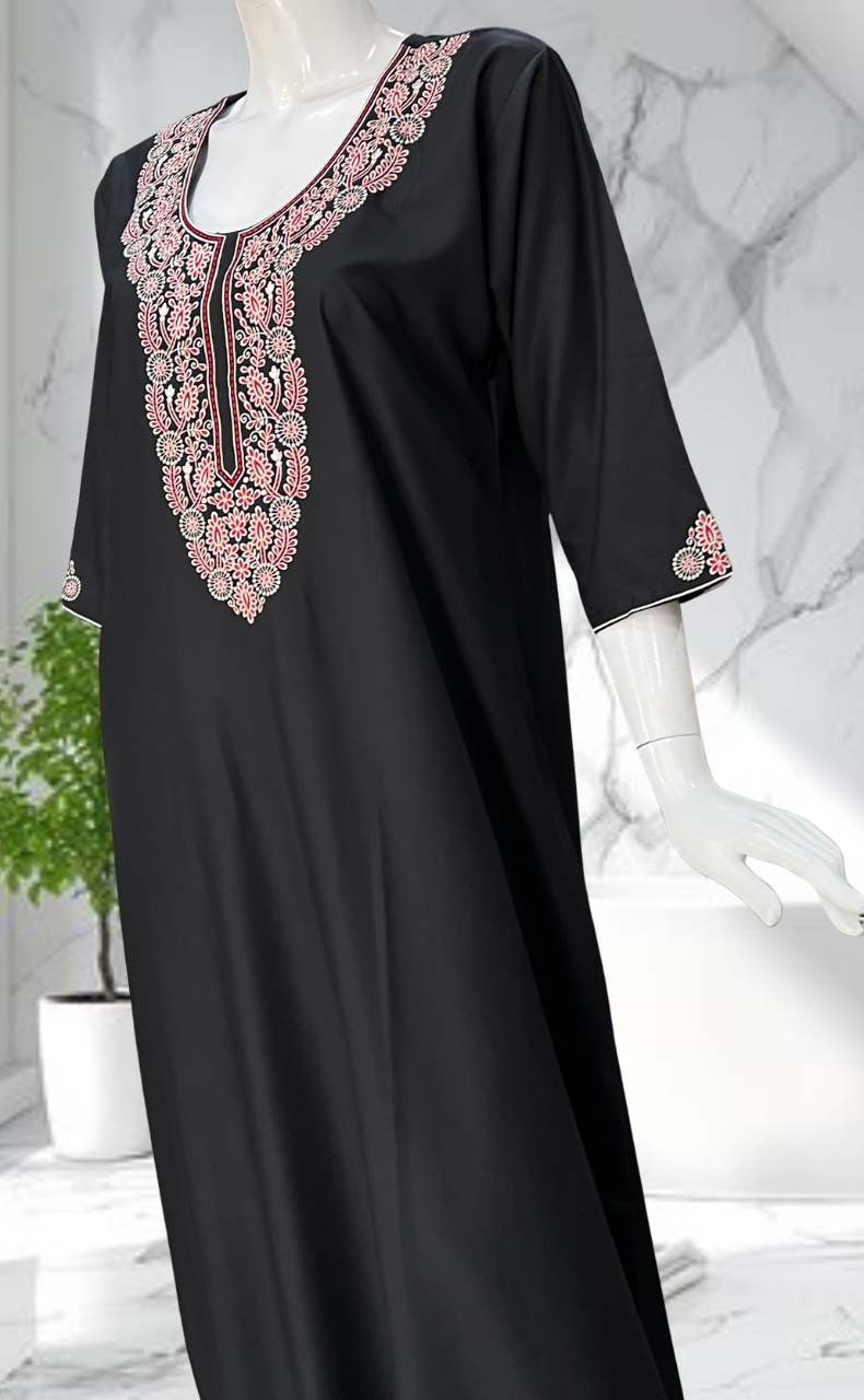 Black Embroidery Soft Cotton Long Sleeves Nighty. Soft Breathable Fabric | Laces and Frills