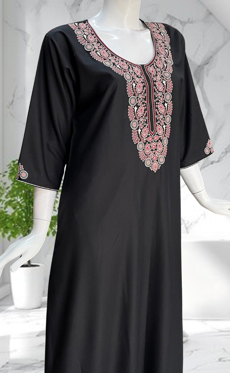 Black Embroidery Soft Cotton Long Sleeves Nighty. Soft Breathable Fabric | Laces and Frills