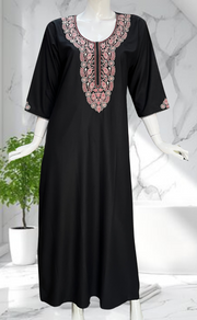 Black Embroidery Soft Cotton Long Sleeves Nighty. Soft Breathable Fabric | Laces and Frills